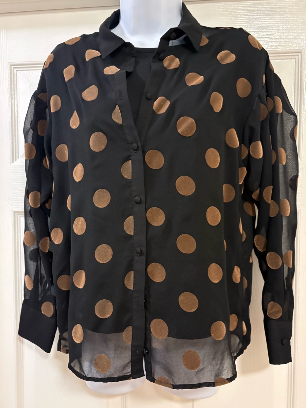 Zara black semi-sheer button-up blouse featuring velvety brown polka dots